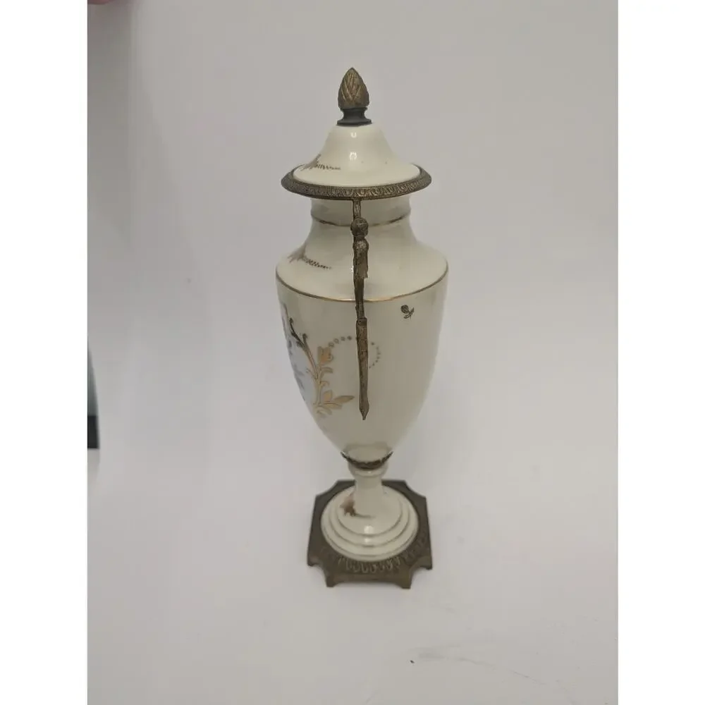 French Sèvres Style Porcelain Covered Urn Hand Painted Floral Vase 12.25